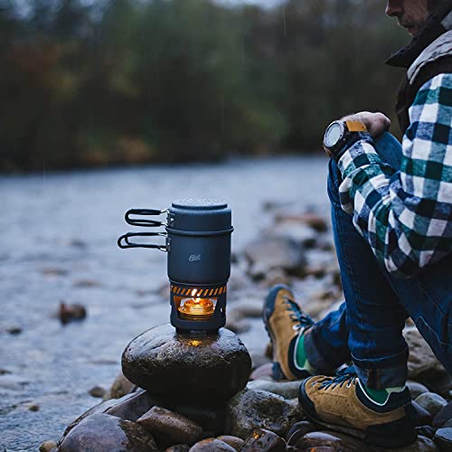 Esbit CS985HA 5-Piece Lightweight Trekking Cook Set with Brass Alcohol Burner Stove and 2 Anodized Aluminum Pots, Grey, 985ml