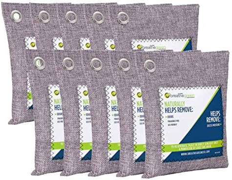 Breathe Green Charcoal Odor Eliminator Bags (10-Pack) | Activated Bamboo Charcoal Deodorizer | Natural Freshener Removes Odor &Moisture | Odor Eliminator for Car, Closet, Bathroom, Gym Bag, Shoes