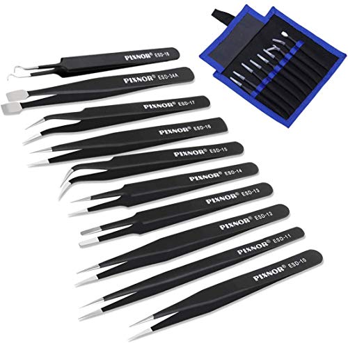 PIXNOR Precision Tweezers Set - 10 PCS ESD Tweezer Set, Anti-Static Stainless Steel Tweezers Kit Curved Tweezers for Craft, Jewelry, Electronics, Laboratory Work - Thumbnail 2