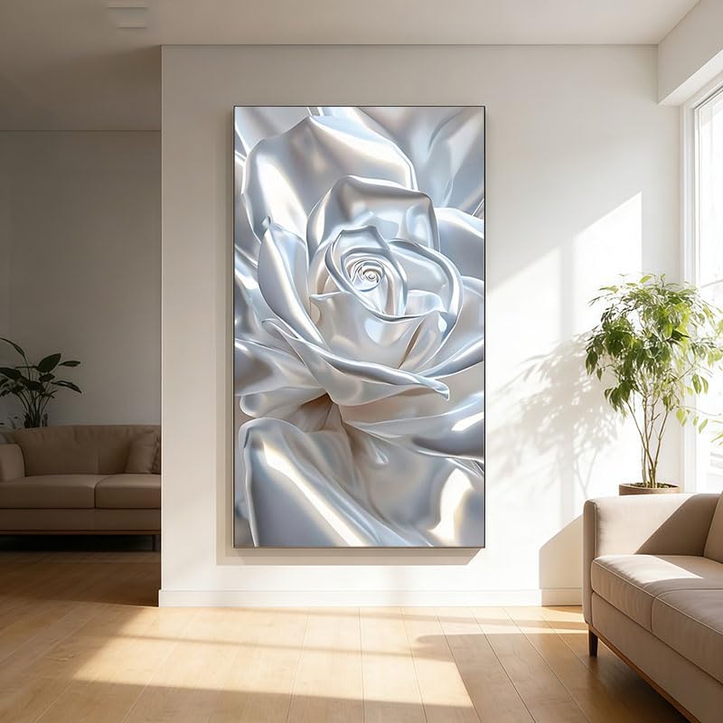 Cuadro de gran tamaño con rosas plateadas satinadas, lámina de decoración moderna para sala