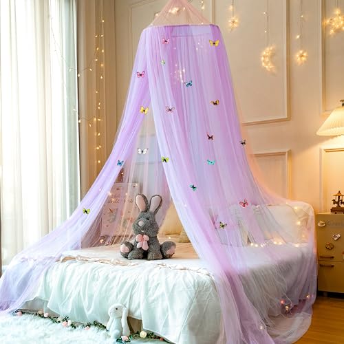 Wnqou Betthimmel mit Schmetterlingen für Mädchen, atmungsaktiver Betthimmel, Bettvorhang für Bett, Prinzessinnen-Spielzelt für Kinderzimmer, Leseecke, Rosa / Violett