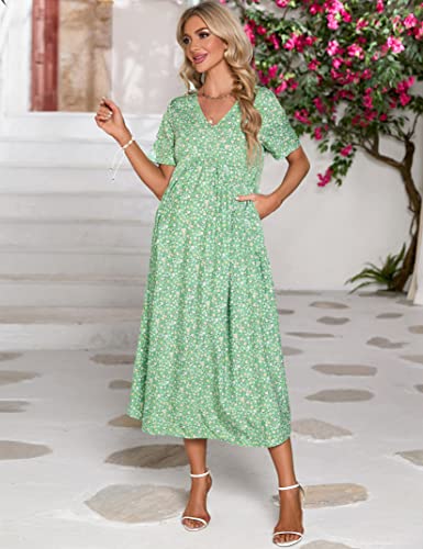 Funjuly Women's Maternity Casual Long Nightgown Short Sleeve V Neck Floral Plaid Patchwork Loungewear Maxi Dress With Pockets Green Floral M #TOP4