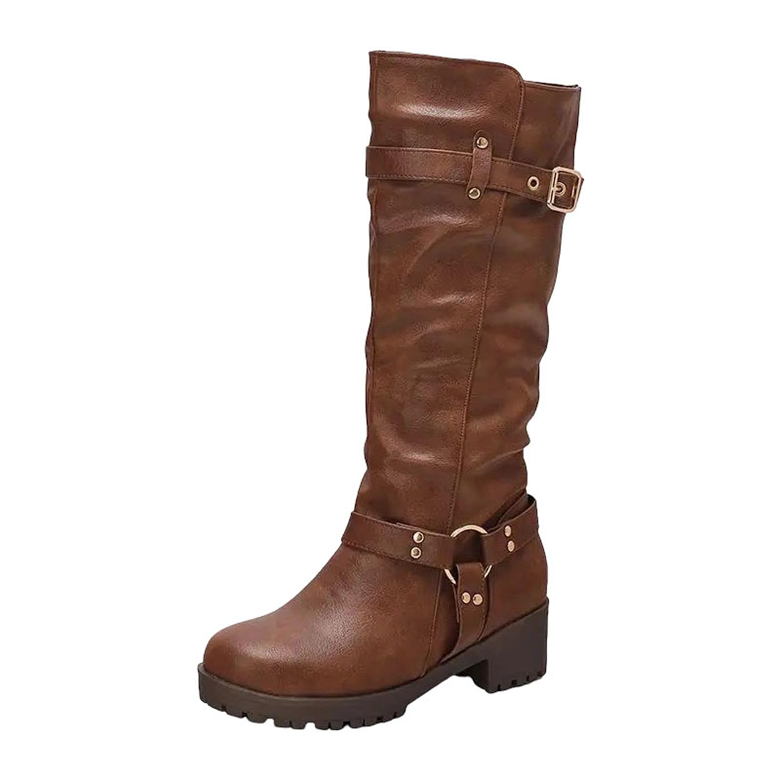 Womens Vintage Knee High Boots With A Round Toe Mid Block Heel And A Platform Featuring A Slip-On