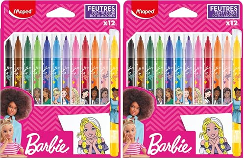 MAPED - Feutres Barbie - Feutre de coloriage - Feutre pour enfants - Feutres décorés - Pointe moyenne - Encre lavable - 12 feutres de coloriage (Lot de 2)