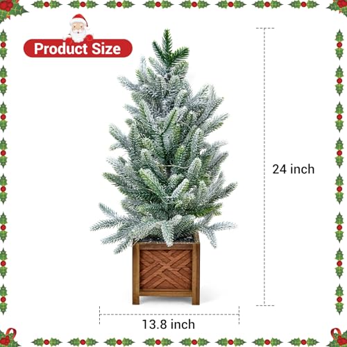 GarveeHome Small Christmas Tree with Lights, 24 Inch Prelit Artificial Mini Christmas Tree, Tabletop Snow Flocked Xmas Tree in Wood Pot for Table Centerpiece Office Dorm Desk Decorations