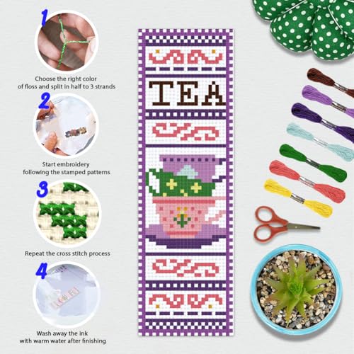 Image of BEUNITONE 6 Pcs Cross Stitch Bookmark Kit for Beginner Coffee and Sweet Time Theme Hand Embroidery Kit with Instruction Tea Stamped Embroidery Bookmarks Handmade for DIY Crafts Book Lovers 8.5''x3''