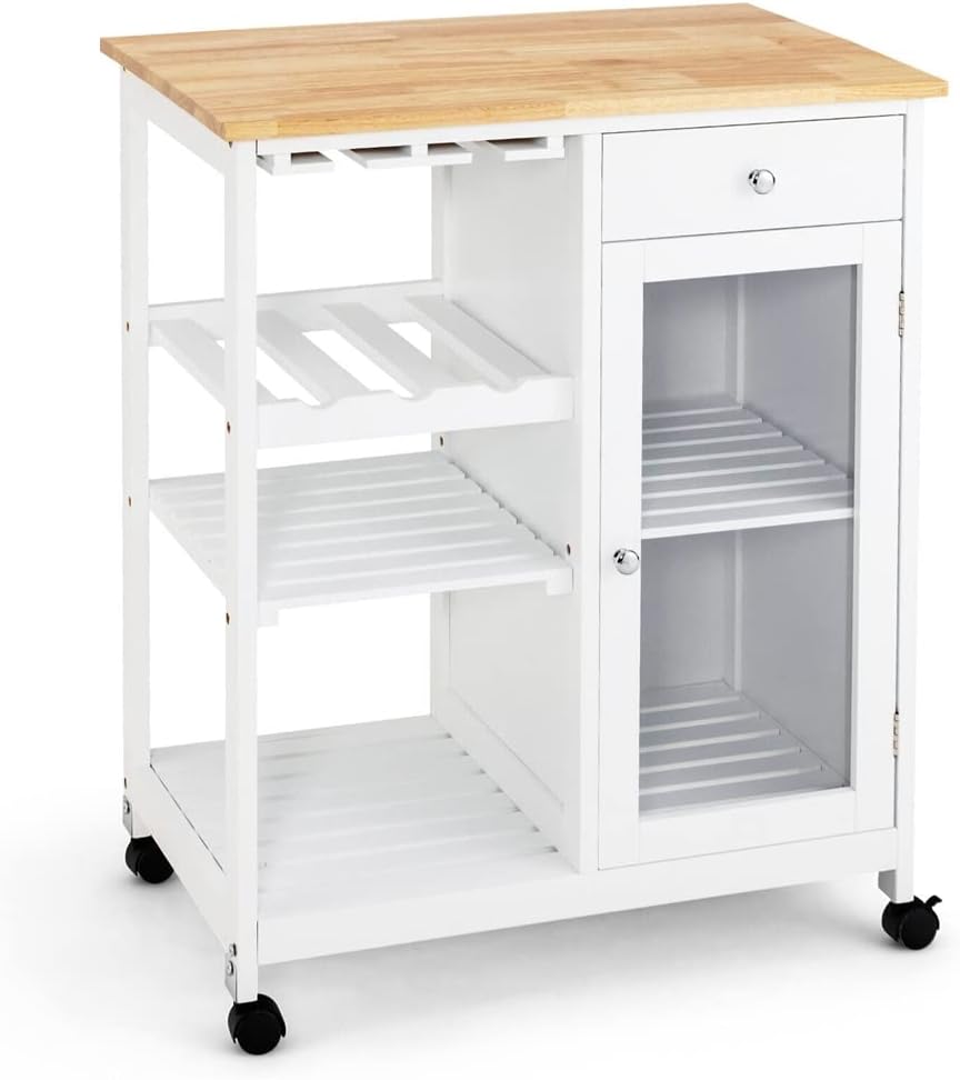 Rolling Kitchen Island Wood Top Trolley Storage Cabinet with Shelves and Wine Rack Kitchen Cart (D As Shown)