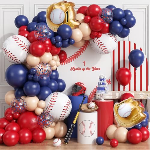 Baseball Balloon Arch Garland Kit 166Pcs Navy Blue Red Nude and Confetti Balloon with Baseball Foil Balloons for Summer Birthdays Party Sports Theme Baseball Party Decorations
