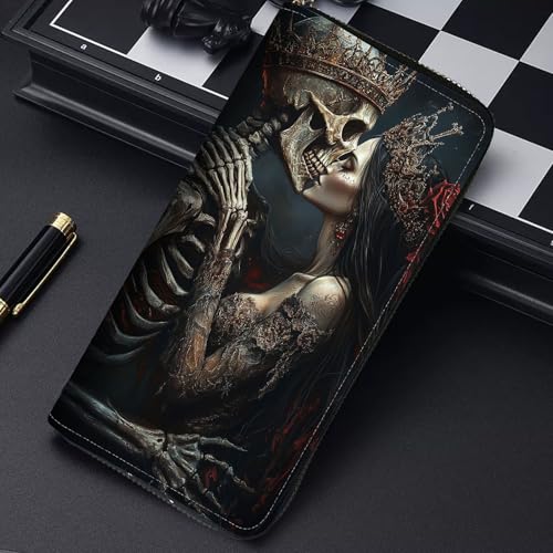 Image of RFID Blocking Leather Wallet for Women - Large Capacity Zip Around Clutch with 8 Card Slots,15 Cash Pockets & Coin Zipper,Skeleton Couple Love Scene