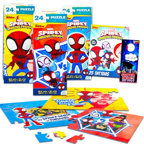 Spidey and Friends Jigsaw Puzzle Set - 3 Pack Spidey Puzzle Bundle with Tattoos and More for Kids Adults (Spidey and Friends Party Favors)