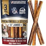 Devil Dog Pet Co - Jumbo Bully Sticks for Dogs 12 Inch 3 Pack - Extra Thick Low Odor Grass Fed Beef Pizzle Chews for Large Dogs and Aggressive Chewers, Digestible Rawhide Free Long Lasting Treats