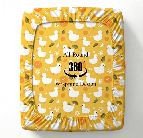 Image of VAS COLLECTIONS Single Bed Fitted Bedsheet 36x72+8 Inches with 1 Pillow Cover | 180 TC Microfiber Elastic Bed Sheet | Soft Breathable Cute Printed Design for Kids & Couples (Kid Duck Print)