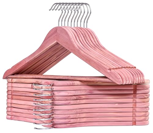 American Red Cedar Wood Hangers 20 Pack, Smooth Finish Wooden Coat Hangers for Suit Shirt, Aromatic Cedar Clothes Hangers with 360°Flexible Swivel Hook & Smooth Notches for Dress, Jacket, Pants LM04N