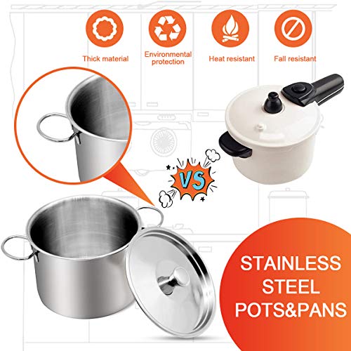 QDH Play Kitchen Accessories Kids Kitchen Pretend Play Toys with Stainless Steel Cookware Pots and Pans Set for Toddlers Cooking Utensils Apron and Cutting Play Food for Girls Boys Educational Tool - Thumbnail 2