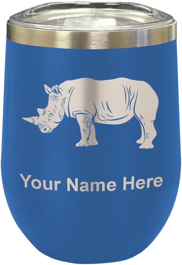 LaserGram 16oz Double Wall Stainless Steel Wine Glass Tumbler, Rhinoceros, Personalized Engraving Included (Black)