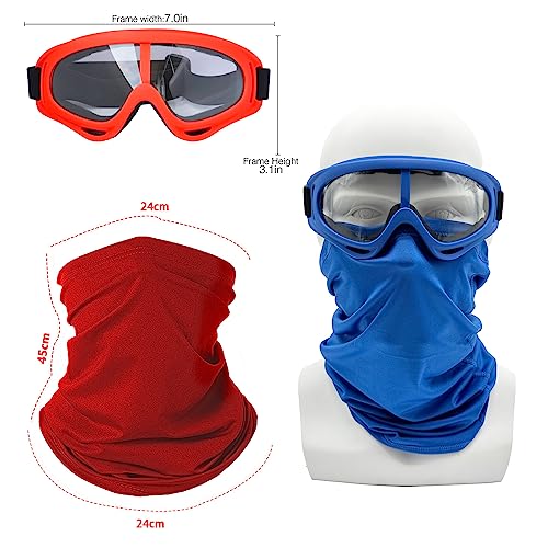 Image of LJDJ Motorcycle Goggles,2 Pack Dirt Bike ATV Motocross Riding Hiking Protective with 2 Pack Neck Breathable Bandana Mask (Red + Blue /Clear Lens)