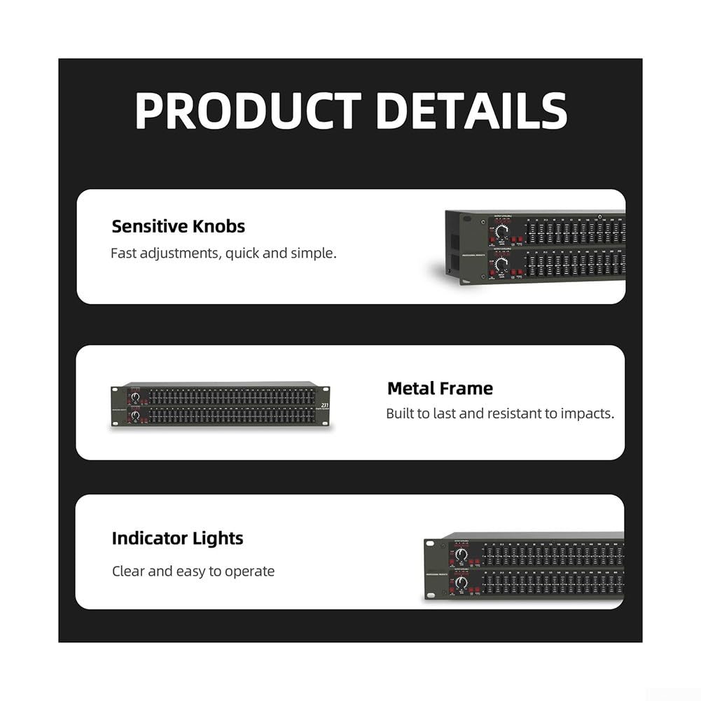 Equalizzatore grafico a 31 bande per audio domestico e applicazioni DJ professionali, doppio canale, regolazione ± 12 dB per band, interruttore low-cut, connettori XLR e TRS, 480 mm