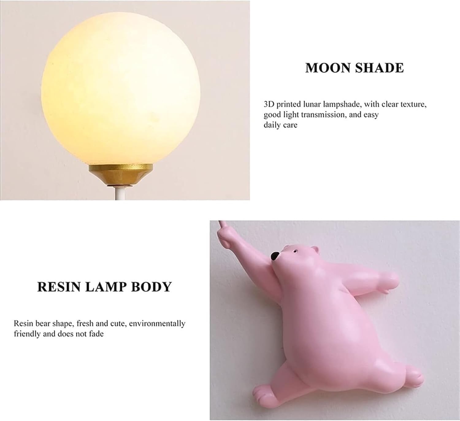 WJJHERRH Resin Lamp Body with 3D Moon Frosted Glass Lampshade Wall Creative Cartoon Bear Light for Living Room(White)