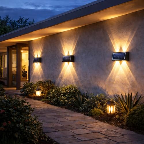 Image of Gesto 4W Solar Wall Lights Outdoor Waterproof IP65, Warm White Up & Down Wall Lamp with 1200mAh Battery, Auto ON /Off Dusk to Dawn, Exterior Light for Garden Fence Gate Patio Pathway Elevation Balcony