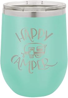 HAPPY CAMPER Teal 12 oz Stemless Wine Glass With Lid | Custom Engraved With Funny Quotes and Sayings | Stainless Steel Wine Tumbler | OnlyGifts.com