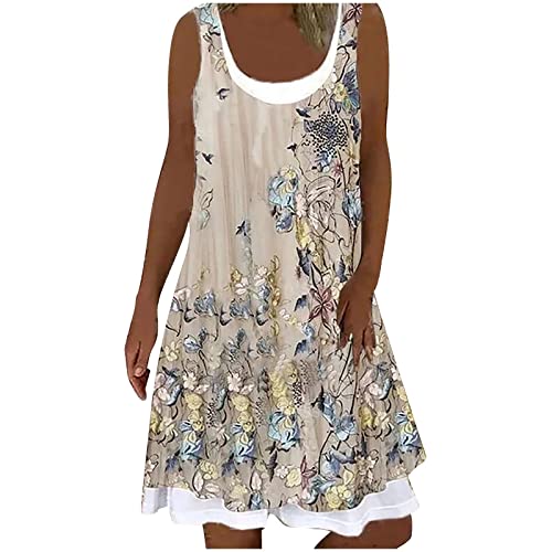 Women Sleeveless Summer Sundresses Flower Graphic Print Vintage Casual Loose Cover Up Vacation Short Dresses #TOP21