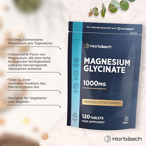 Magnesium Bisglycinat Hochdosiert 1000mg | Glycinat liefert 200 mg aus elementares Magnesium | 120 vegane Tabletten | von Horbaach