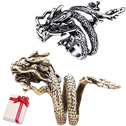 Ouceanwin 2 piezas Vintage Punk Anillos Dragón Joyería Plata, Ajustable Acero Inoxidable Gótico Anillo Hombre Retro Dragón Anillo Abierto Ajustable Dedo Anillo Joyería para Hombres Mujeres