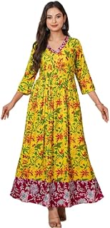 Women's Rayon Dress, Floral Print, V-Neck, 3/4 Sleeves, Ankle Length, Ethnic Style KJ4 Price In India