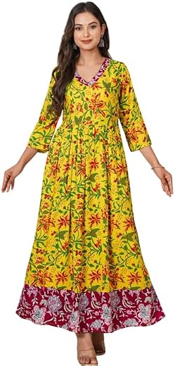 Women's Rayon Dress, Floral Print, V-Neck, 3/4 Sleeves, Ankle Length, Ethnic Style KJ4