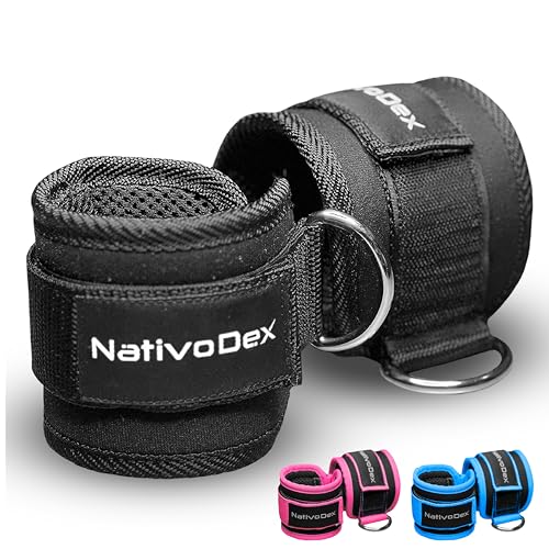 NativoDex Fußschlaufe Kabelzug (2 Stück) - Knöchelriemenscheiben Krafttraining Fußmanschetten mit 2 D-Ringen - Ankle Straps für Gym Fitness Training (Schwarz)