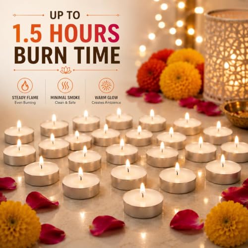 Image of Bindian Unscented Tea Light Candles, 100% Paraffin Wax, Smokeless Dripless Tealights for Home Decor, Diwali, Wedding, Spa, 1-1.5 Hour Burn Time (Pack of 300 White)