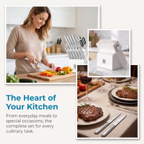 Image of imarku 14-Piece Knife Set with Block, Pro power, home ease | Pro sharp high carbon steel. Self-sharpens easy. Ergo grip no fatigue. Safe non-slip home prep. Gift for homewarming