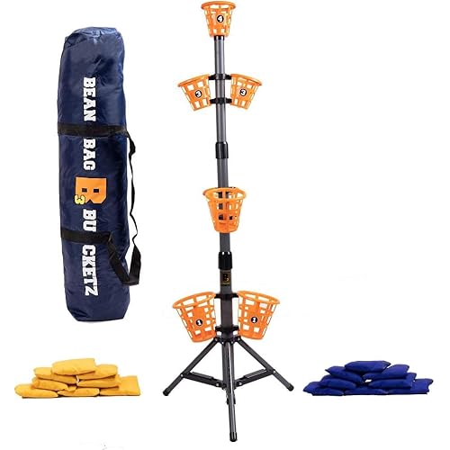 Creative Brainworks: B3 Bean Bag Bucketz; Outdoor Backyard Game : Lawn Bean Bag Toss Party Game - Giant 5' Camping, Tailgate, Beach, Cornhole Alternative Game Set, Yellow/Blue/Orange/Grey