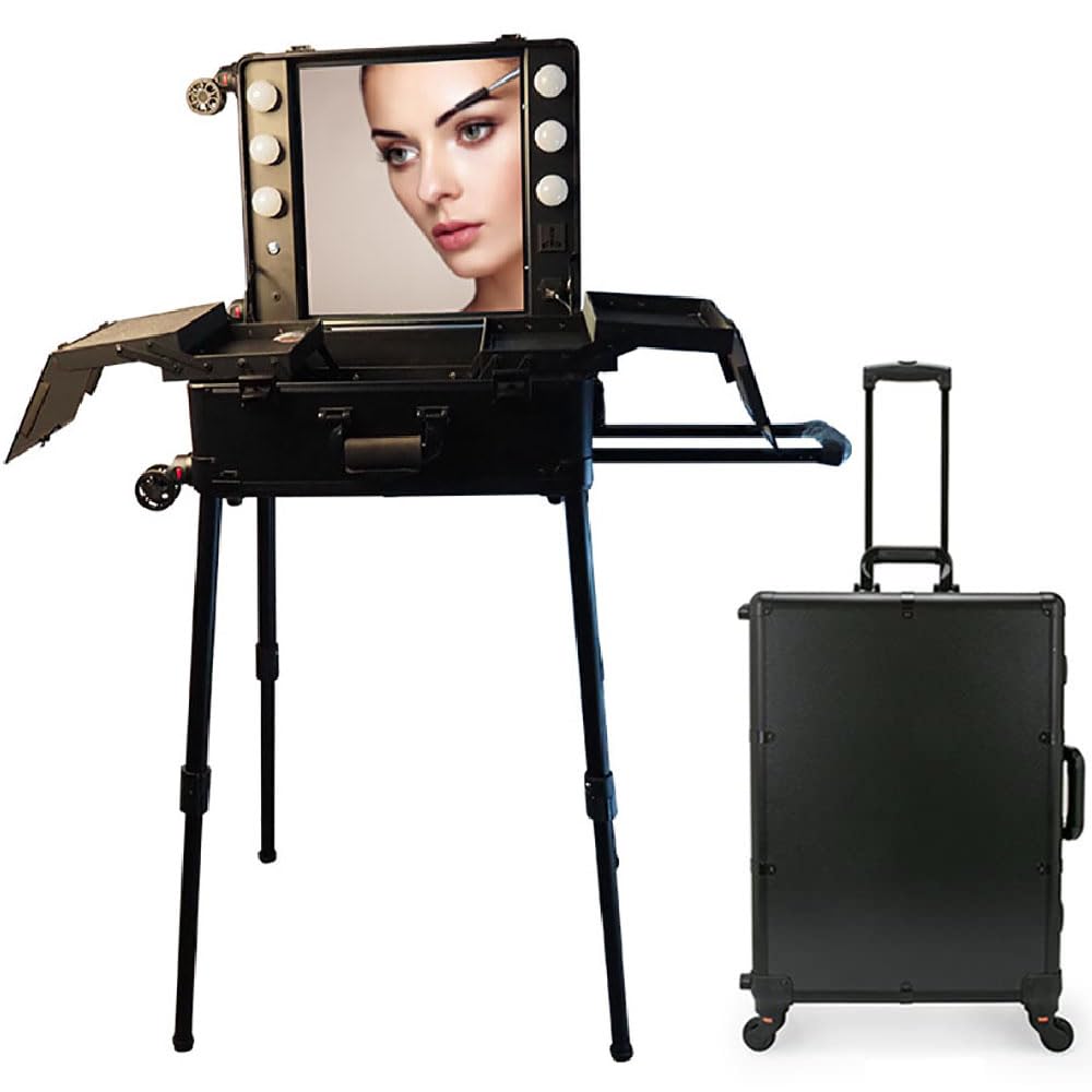 Professional Makeup Trolley Case, Large Capacity Travel Cosmetics Organizer with Stand & Wheels, Rolling Vanity Train Case with Mirror & Led Light for Hair, Beauty & Makup Artists (Black A, 21 inch) Black A 21 inch