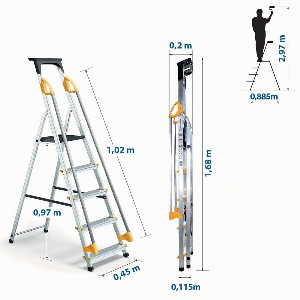 HOSTRÖM Escabeau 5 marches DURAMP sécurisé avec rampes, Tablette Porte-Outils, marchepied Pliable Aluminium, Hauteur Plateforme 97cm, Garantie 5 Ans