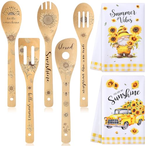 Minatee Ensemble de décoration de cuisine 7 pièces tournesol comprenant 2 torchons de cuisine en forme de tournesol et 5 cuillères en bois de tournesol mignonnes en bambou rustiques, cadeaux pour