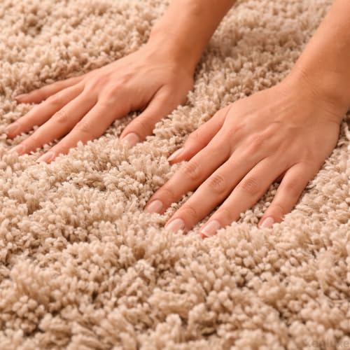 Image of Shaggy Polyester Microfiber Round Rug Carpet for Living Room | Ultra Soft Fluffy Plush Area Rug | Anti-Skid Non-Slip Backing | Washable Carpet for Bedroom- (5x5 feet, Ring Beige, Round)