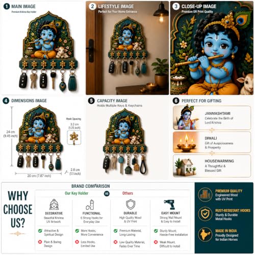 Image of Radha Krishna Key Holder for Wall, 10X10 Inches | 5 Metal Hooks, Premium Wooden, Spiritual Wall Decor, Home Entrance Living Room Office