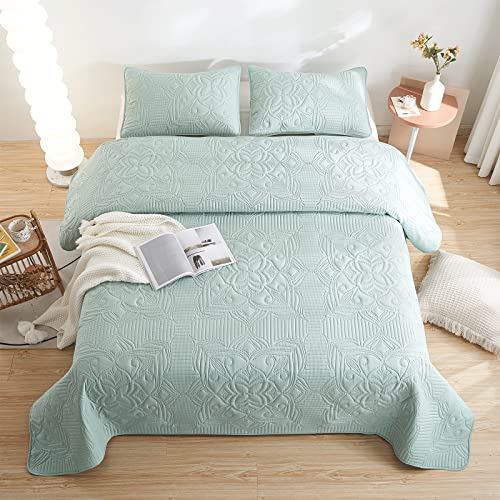 Beeweed Quilt Set Queen Size 3 Pieces, Lightweight Microfiber Flower Pattern Bedspreads For All Season, Mint Green Soft Summer Coverlet Set With Ultrasonic Quilting Technology (1 Quilt,2 Pillow Shams) #TOP2