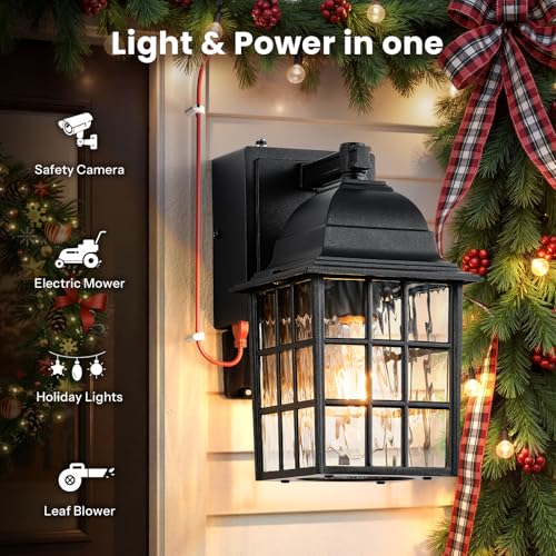 Image of Gleamz Dusk to Dawn Outdoor Porch Light with GFCI Outlet, Anti-Rust, Black