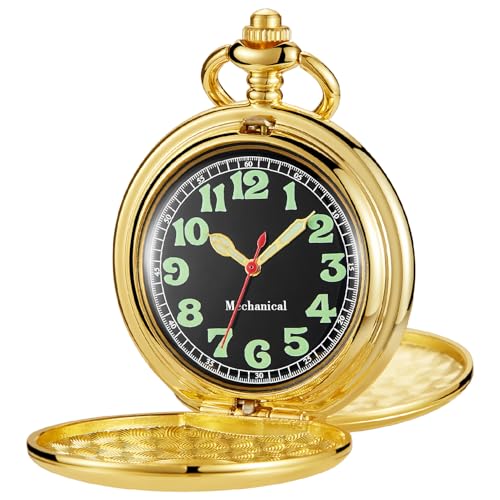 Image of Men's Mechanical Pocket Watch Black Rudder Pattern Double Open Hollow Roman Numerals Pocket Watch