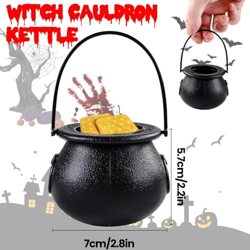 JOLCEEY 12pcs Halloween Mini Witch Cauldron, 5x7cm Halloween Black Plastic Cauldron Pot Candy Bucket Holder with Handle for Trick or Treat Halloween Party Decorations Supplies - Image 3