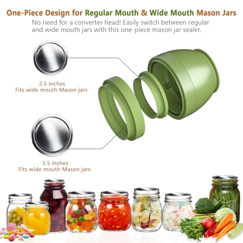 Image of Zivif Electric Mason Jar Vacuum Sealer, Rechargeable Vacuum Sealing Kit for Wide & Regular Mouth Mason Jars, Automatic Jar Sealer for Canning and Food Storage, Includes Lids & Accessories, Green