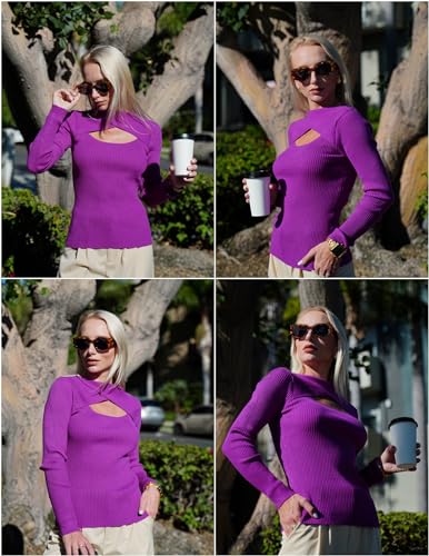 Image of Zeagoo Sweaters for Women 2026 Knit Trendy Long Sleeve Lightweight Slim Fit Pullover Cutout Tops Purple Large