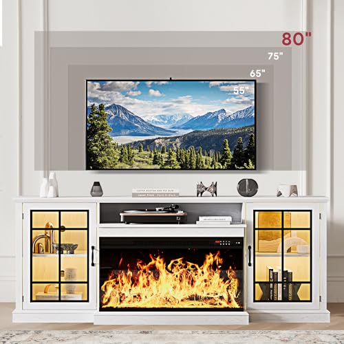 Image of MXV 70'' Fireplace TV Stand, Farmhouse Entertainment Center with 3 Sided Glass TV Stand, Modern Media Console Table with Storage Drawers & Cabinets with LED Flame and Lights for Living Room, White