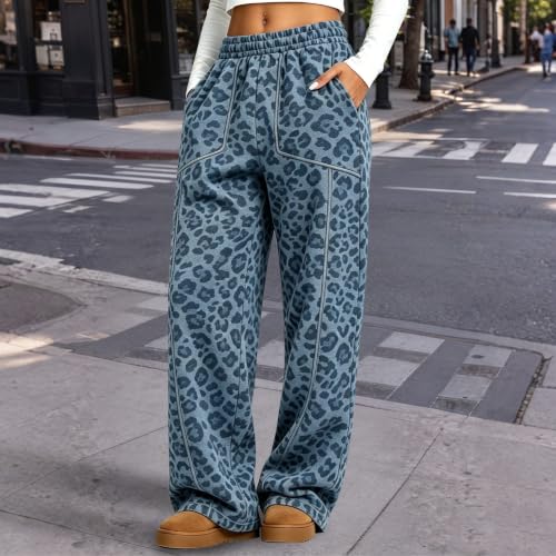 XINGJIAARTS Leopard Track Pants Women Baggy Wide Leg Sweatpants Fall Y2K Lounge Sweat Pants Jogging Trousers with Pockets Blue Small - image 2