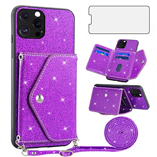 Étui portefeuille iPhone 12 Pro Asuwish violet avec protège-écran verre trempé et bandoulière