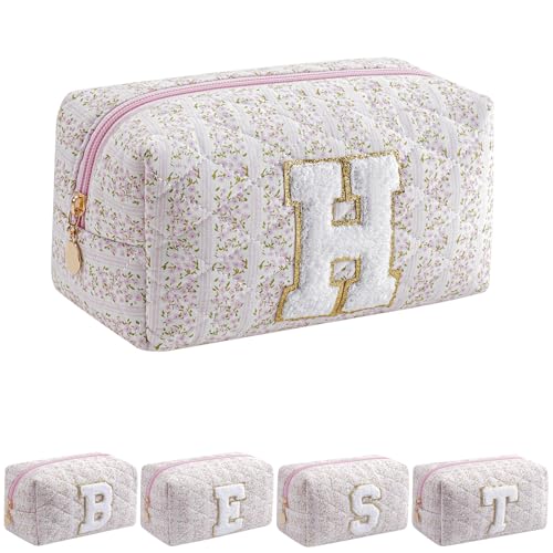 JOVAKIT Alphabet Makeup Bag Cosmetic Bag for Women, Christmas Gifts for Girls Age 6-18, Floral Flowers Coquette Travel Toiletry Zipper Make Up Pouch Organizer Trendy Stuff (Pink Floral H)