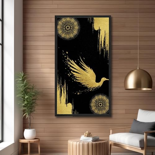 Tableau abstrait d'oiseaux noir et or chic et luxueux de 70x130 cm