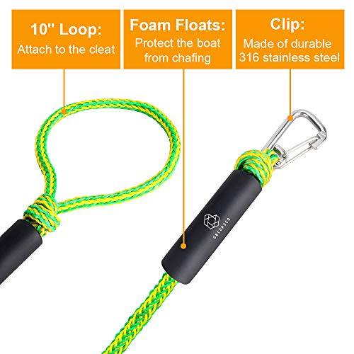 Obcursco Bungee Dock Lines For Boat, Docking Rope With 316 Stainless Steel Clips, Accessories For Jet Ski, Pwc, Seadoo, Yamaha Waverunner, Marine, Kayak, Pontoon, Sets Of Two(4Ft & 6Ft) (Green/Yellow) #TOP2